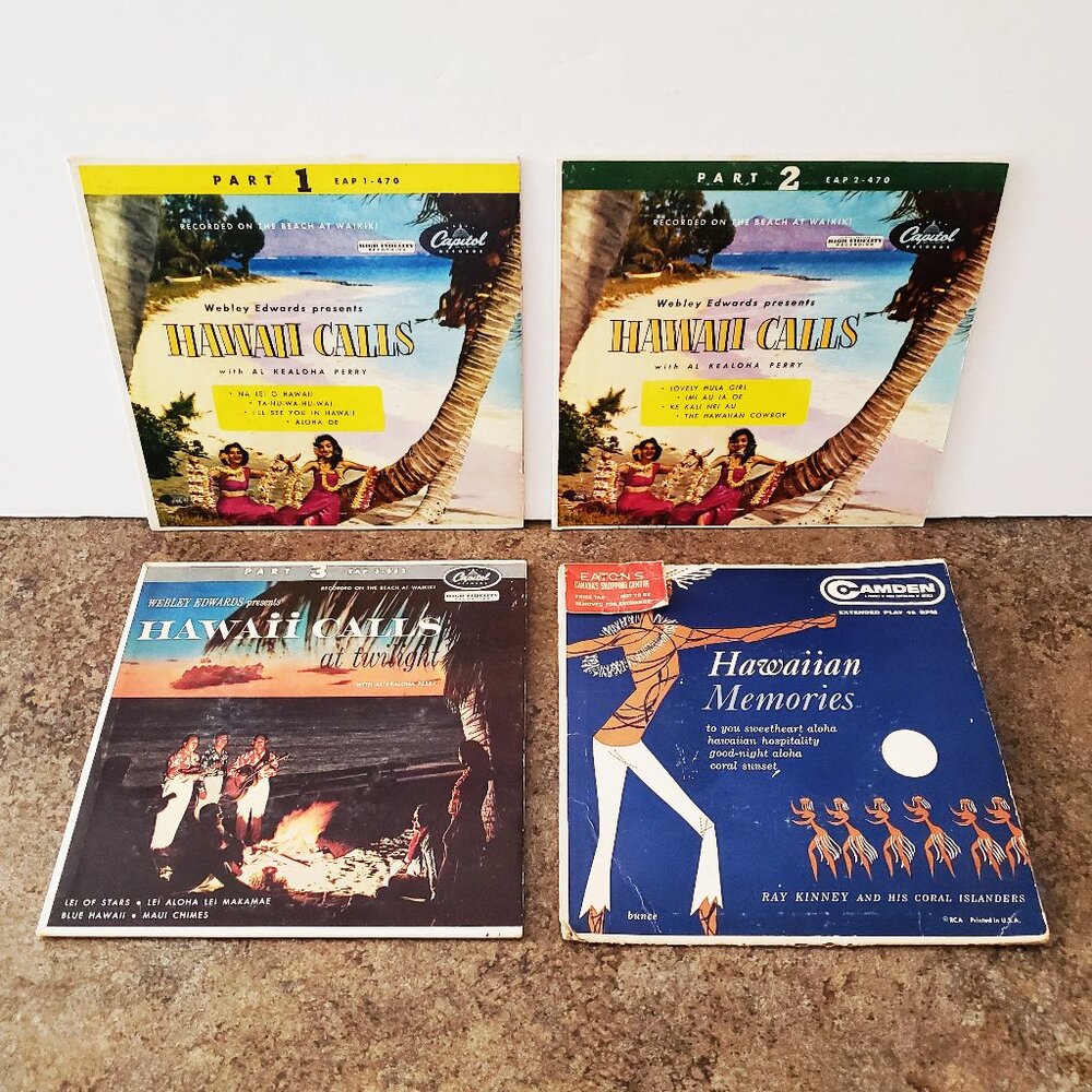 4 Hawaiian Music Records, 45 RPM Disks, "Hawaii Calls" Set, Webley Edwards, 1954